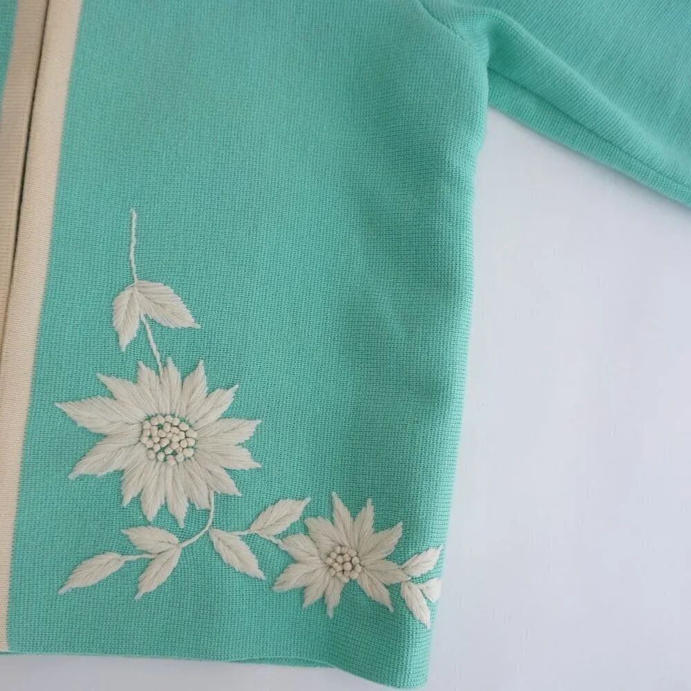 Vintage Teal w White Embroidered Floral Open Front Cardigan Sweater S - Picture 6 of 11